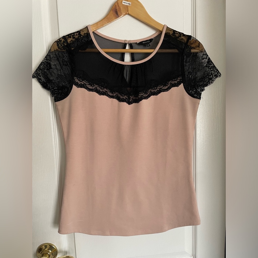 RW&CO. Blush Pink Top with Black Lace Detail